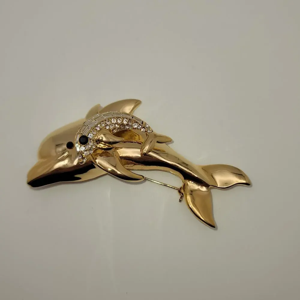 Vintage Gold-tone Dual Leaping Dolphins Trembler Baguette Round Rhinestones
